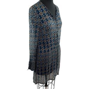 Oui Set Long Sleeve Silk Mini Dress Floral Sheer Blue Boho Chic V-Neck Size 10